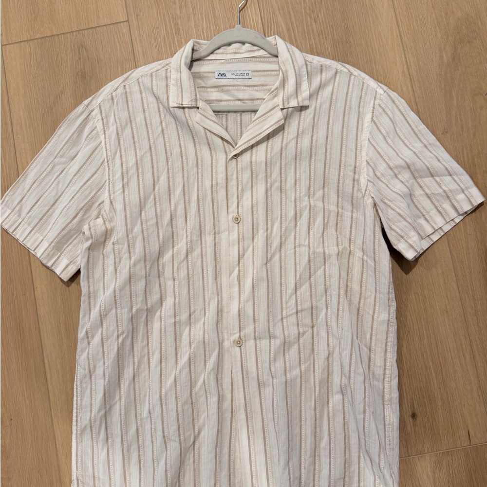 Zara Beige Striped Casual Button Down Shirt